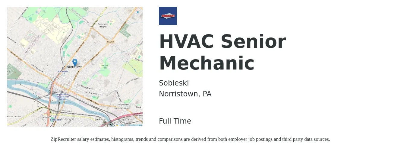 Sobieski job posting for a HVAC Senior Mechanic in Norristown, PA with a salary of $23 to $32 Hourly with a map of Norristown location.
