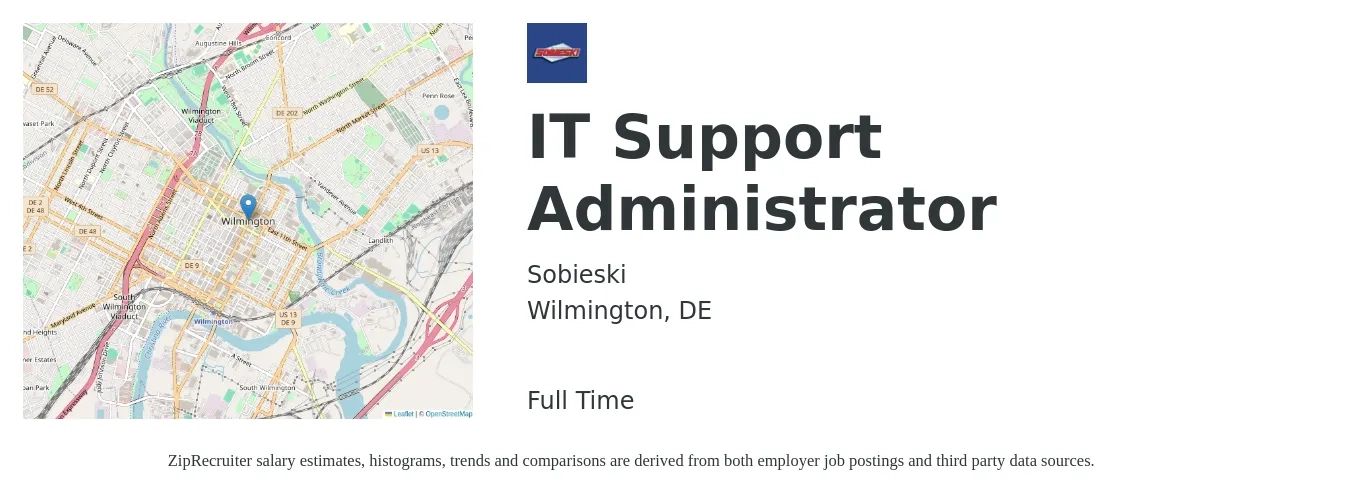 Sobieski job posting for a IT Support Administrator in Wilmington, DE with a salary of $58,200 to $85,400 Yearly with a map of Wilmington location.