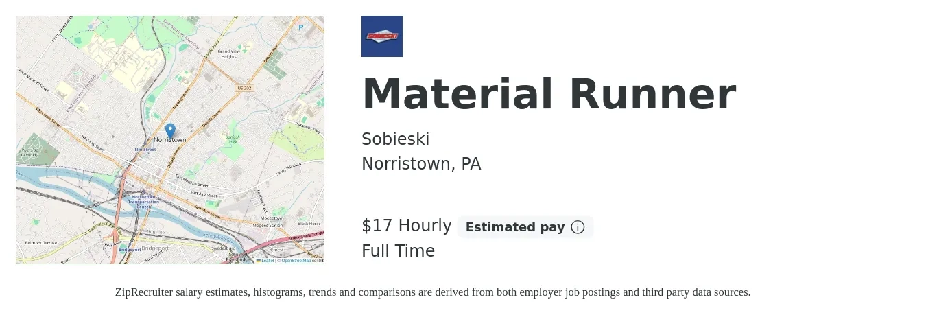 Sobieski job posting for a Material Runner in Norristown, PA with a salary of $14 to $18 Hourly with a map of Norristown location.