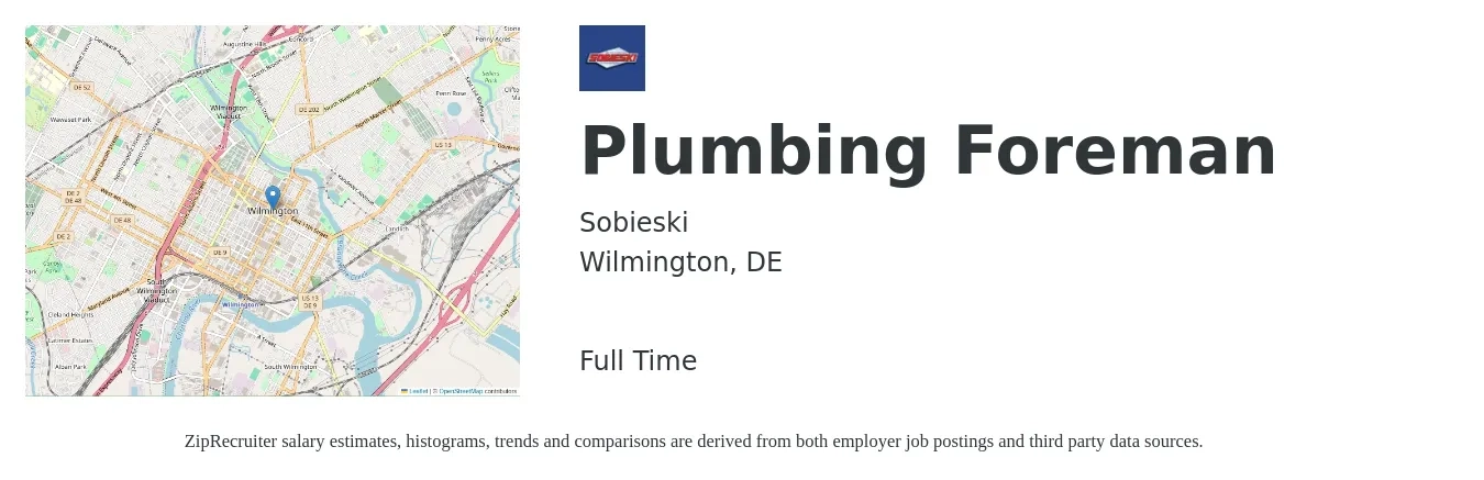 Sobieski job posting for a Plumbing Foreman in Wilmington, DE with a salary of $30 to $44 Hourly with a map of Wilmington location.