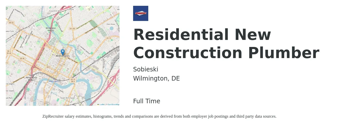 Sobieski job posting for a Residential New Construction Plumber in Wilmington, DE with a salary of $26 to $39 Hourly with a map of Wilmington location.