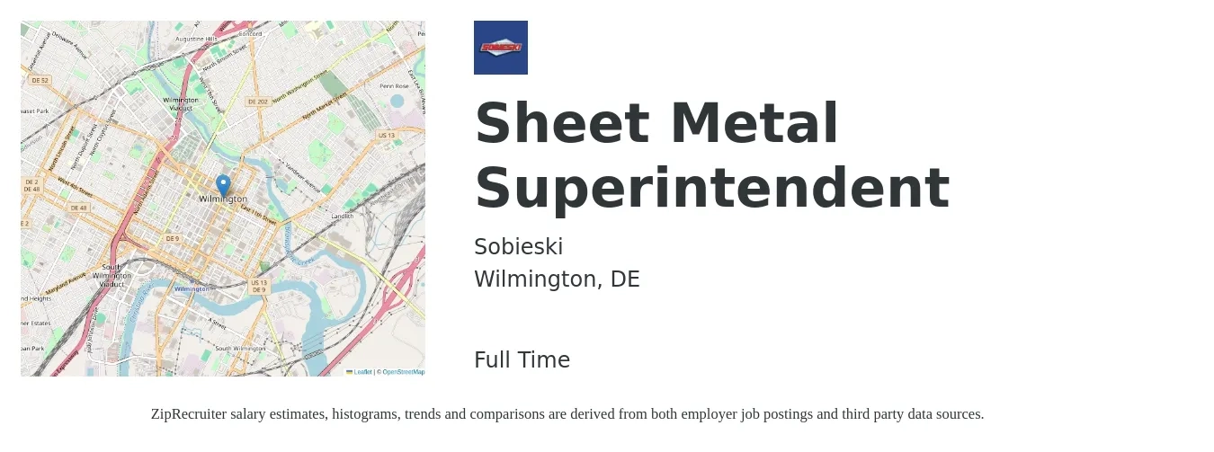 Sobieski job posting for a Sheet Metal Superintendent in Wilmington, DE with a salary of $28 to $37 Hourly with a map of Wilmington location.