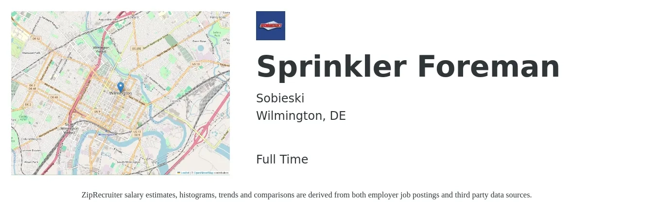 Sobieski job posting for a Sprinkler Foreman in Wilmington, DE with a salary of $68,900 to $112,100 Yearly with a map of Wilmington location.
