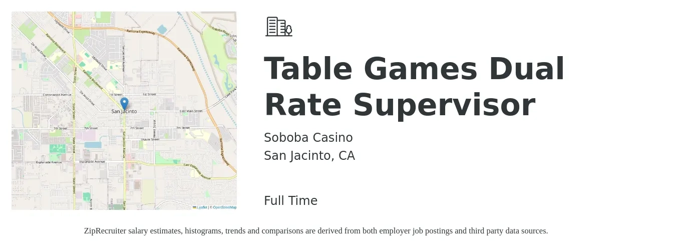 Soboba Casino job posting for a Table Games Dual Rate Supervisor in San Jacinto, CA with a salary of $25 Hourly with a map of San Jacinto location.