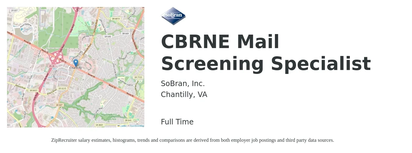 SoBran, Inc. job posting for a CBRNE Mail Screening Specialist in Chantilly, VA with a map of Chantilly location.