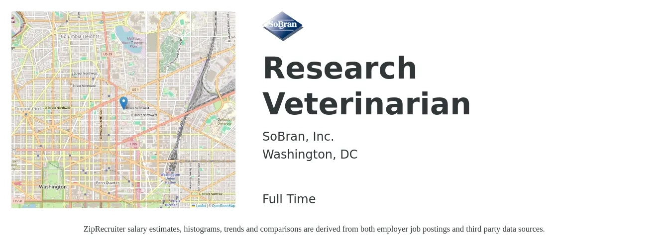 SoBran, Inc. job posting for a Research Veterinarian in Washington, DC with a salary of $126,800 to $246,900 Yearly with a map of Washington location.