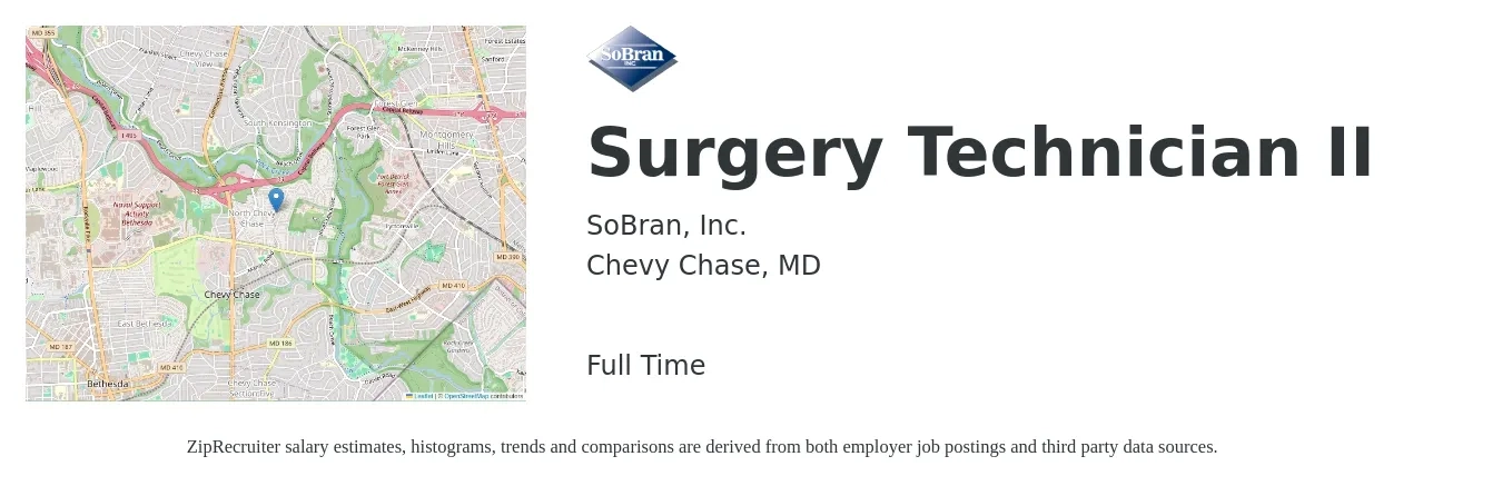 SoBran, Inc. job posting for a Surgery Technician II in Chevy Chase, MD with a salary of $21 to $50 Hourly with a map of Chevy Chase location.