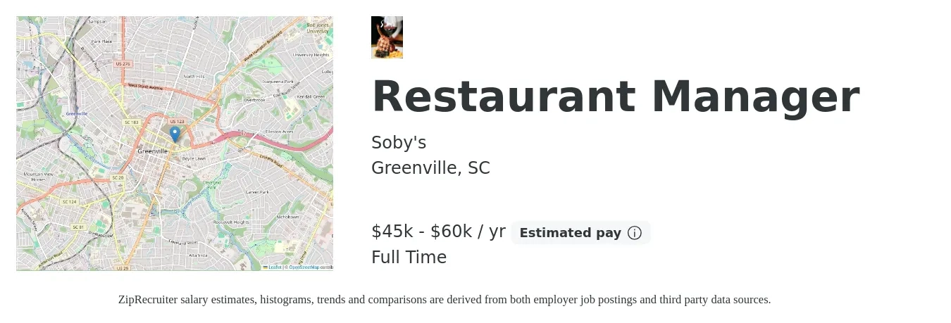 Soby's job posting for a Restaurant Manager in Greenville, SC with a salary of $45,000 to $60,000 Yearly with a map of Greenville location.