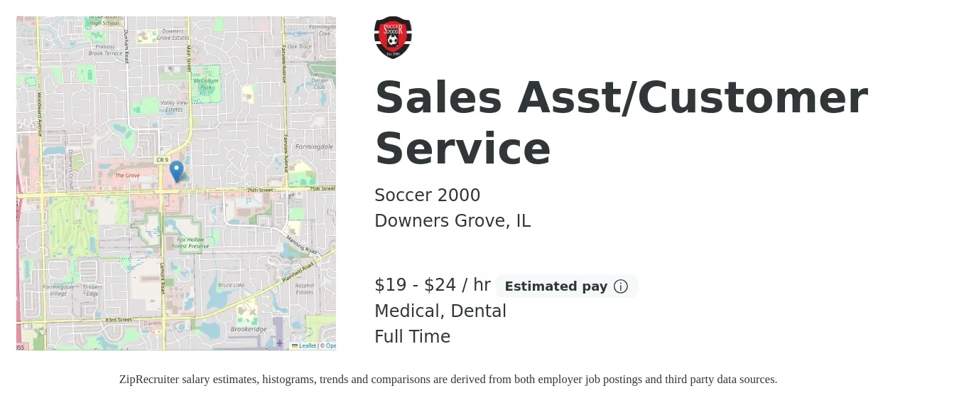 Soccer 2000 job posting for a Sales Asst/Customer Service in Downers Grove, IL with a salary of $20 to $25 Hourly and benefits including dental, medical, and pto with a map of Downers Grove location.