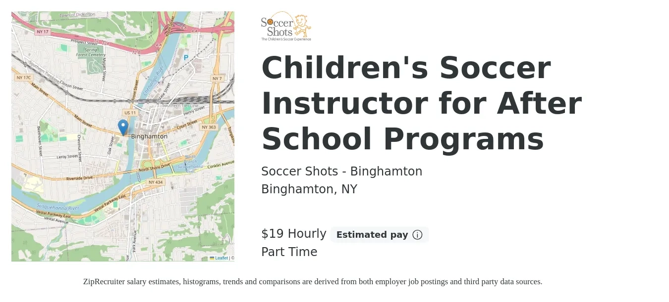 Soccer Shots - Binghamton job posting for a Children's Soccer Instructor for After School Programs in Binghamton, NY with a salary of $20 Hourly with a map of Binghamton location.