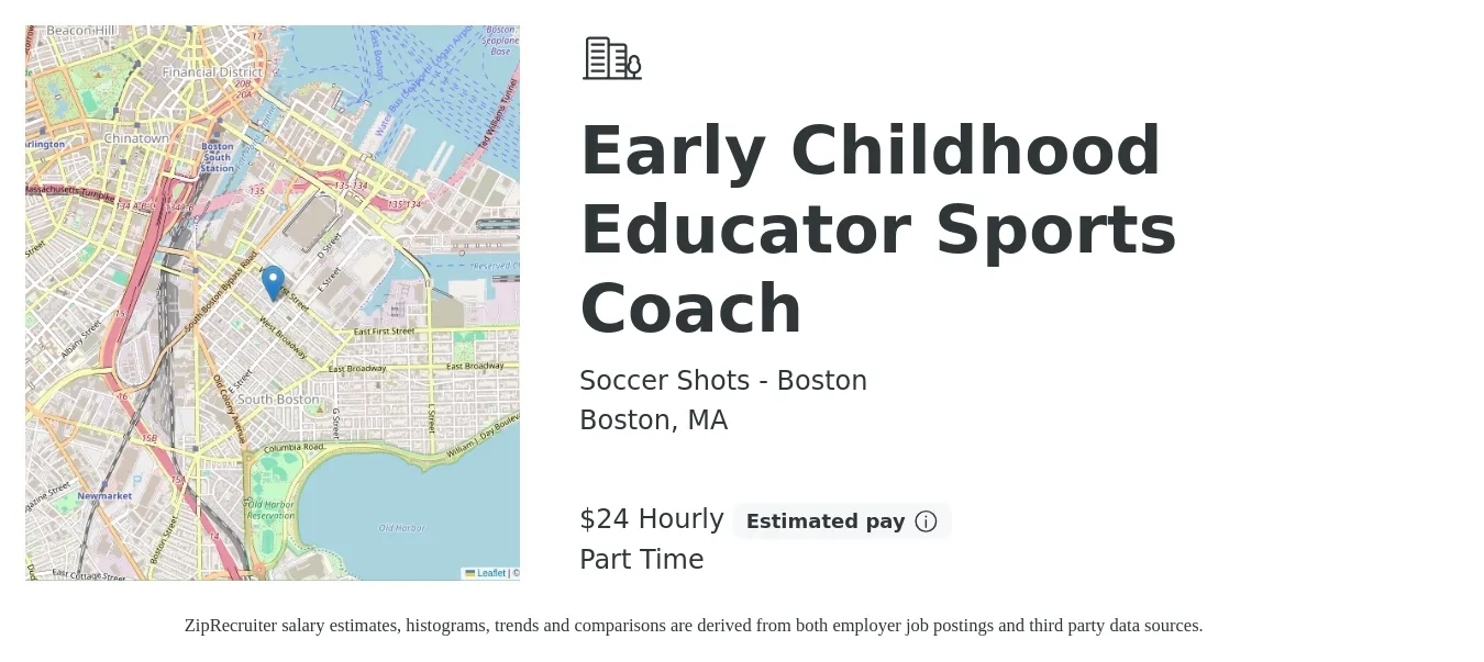 Soccer Shots - Boston job posting for a Early Childhood Educator Sports Coach in Boston, MA with a salary of $25 Hourly with a map of Boston location.