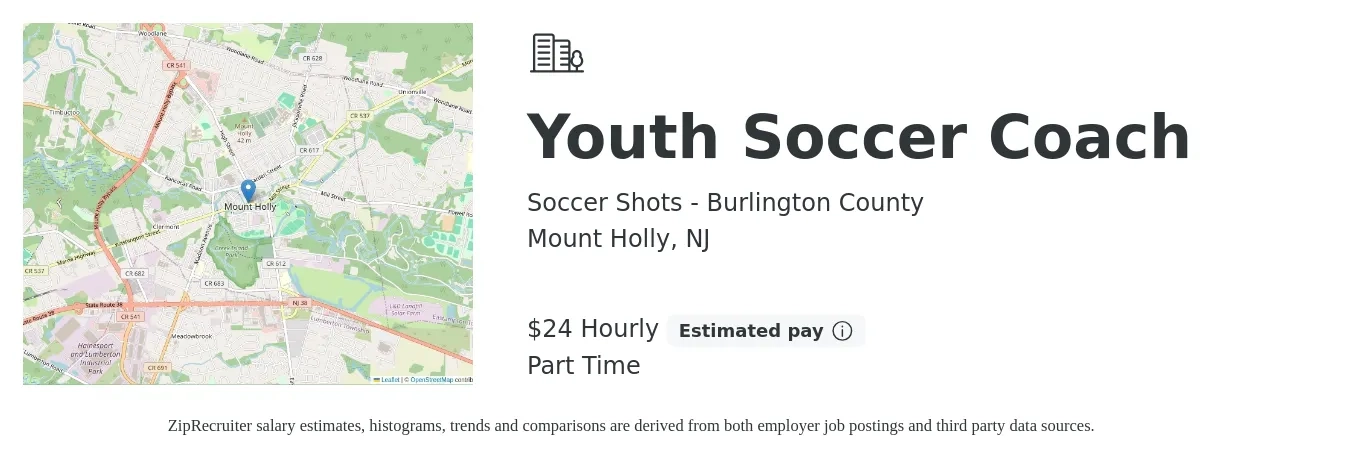 Soccer Shots - Burlington County job posting for a Youth Soccer Coach in Mount Holly, NJ with a salary of $25 Hourly with a map of Mount Holly location.