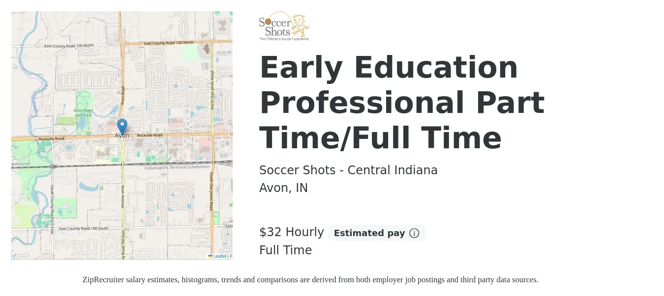 Soccer Shots - Central Indiana job posting for a Early Education Professional Part Time/Full Time in Avon, IN with a salary of $34 Hourly with a map of Avon location.