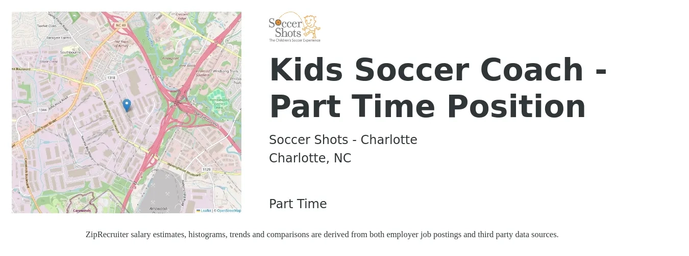 Soccer Shots - Charlotte job posting for a Kids Soccer Coach - Part Time Position in Charlotte, NC with a salary of $14 to $24 Hourly with a map of Charlotte location.