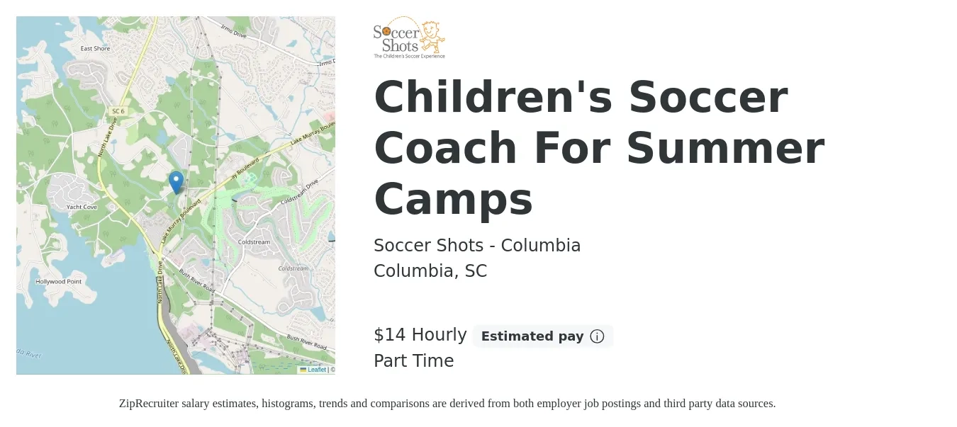 Soccer Shots - Columbia job posting for a Children's Soccer Coach For Summer Camps in Columbia, SC with a salary of $15 Hourly with a map of Columbia location.