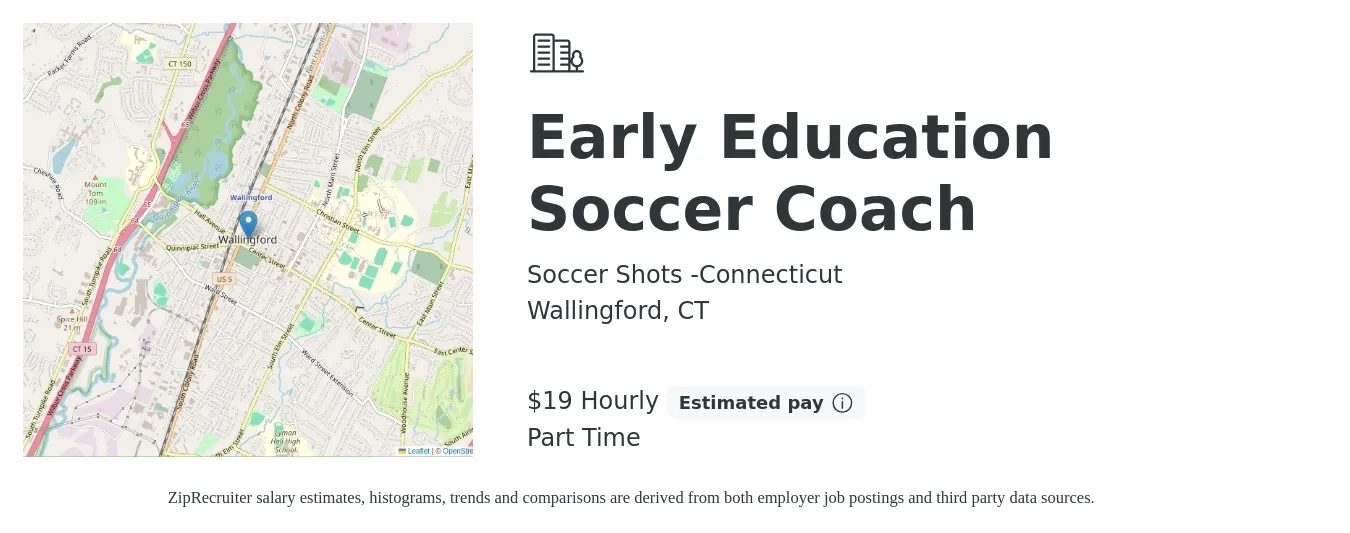 Soccer Shots -Connecticut job posting for a Early Education Soccer Coach in Wallingford, CT with a salary of $20 Hourly with a map of Wallingford location.