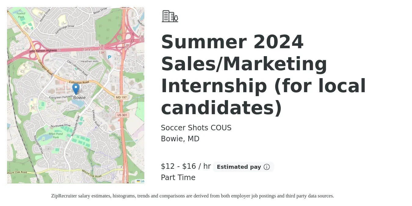 Soccer Shots COUS job posting for a Summer 2024 Sales/Marketing Internship (for local candidates) in Bowie, MD with a salary of $13 to $17 Hourly with a map of Bowie location.