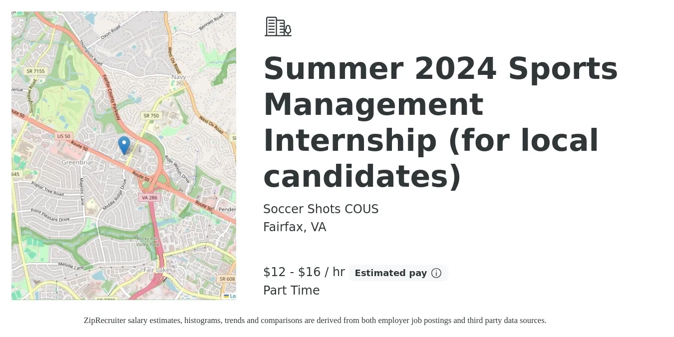 Soccer Shots COUS job posting for a Summer 2024 Sports Management Internship (for local candidates) in Fairfax, VA with a salary of $13 to $17 Hourly with a map of Fairfax location.