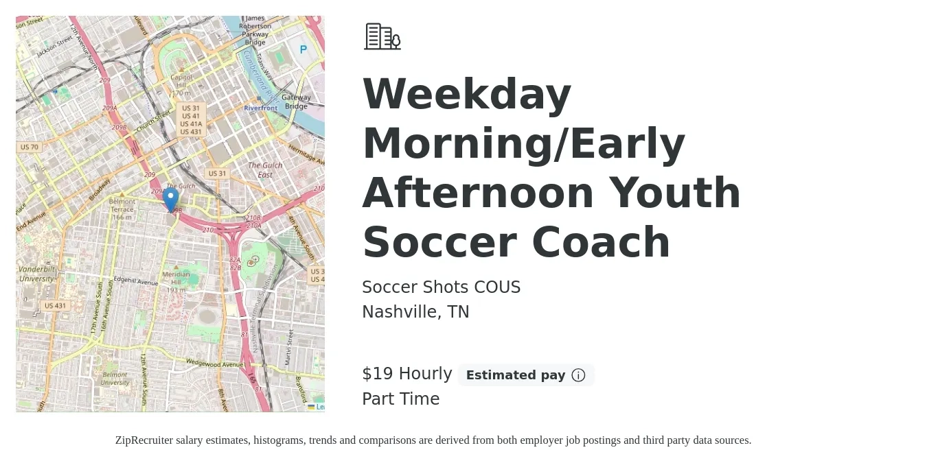 Soccer Shots COUS job posting for a Weekday Morning/Early Afternoon Youth Soccer Coach in Nashville, TN with a salary of $20 Hourly with a map of Nashville location.