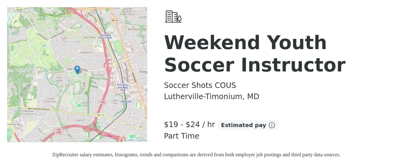 Soccer Shots COUS job posting for a Weekend Youth Soccer Instructor in Lutherville-Timonium, MD with a salary of $20 to $25 Hourly with a map of Lutherville-Timonium location.