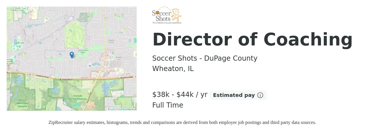 Soccer Shots - DuPage County job posting for a Director of Coaching in Wheaton, IL with a salary of $38,000 Yearly with a map of Wheaton location.