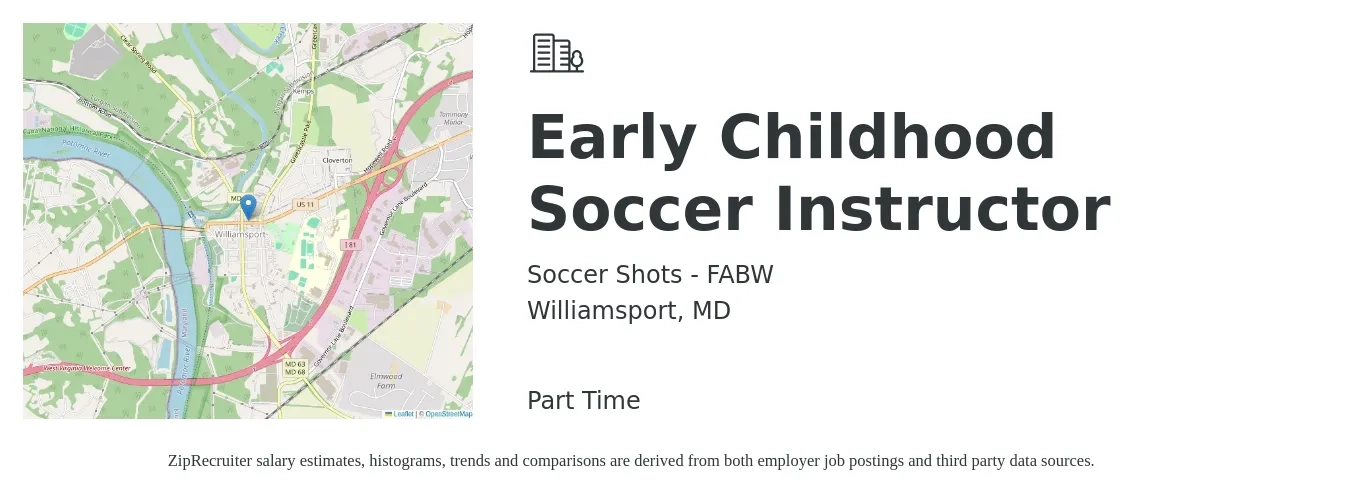 Soccer Shots - FABW job posting for a Early Childhood Soccer Instructor in Williamsport, MD with a salary of $18 Hourly with a map of Williamsport location.