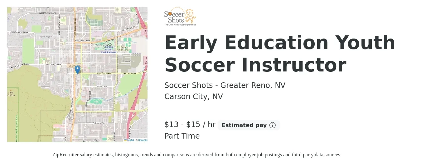 Soccer Shots job posting for a Early Education Youth Soccer Instructor in Carson City, NV with a salary of $14 to $16 Hourly with a map of Carson City location.