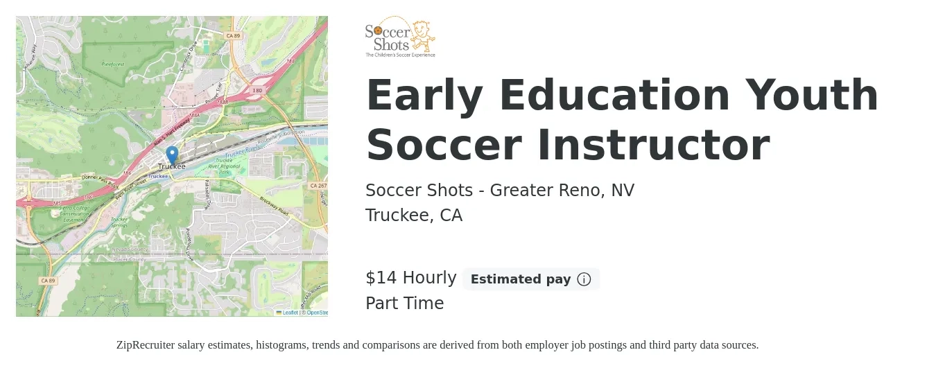 Soccer Shots - Greater Reno, NV job posting for a Early Education Youth Soccer Instructor in Truckee, CA with a salary of $14 to $16 Hourly with a map of Truckee location.