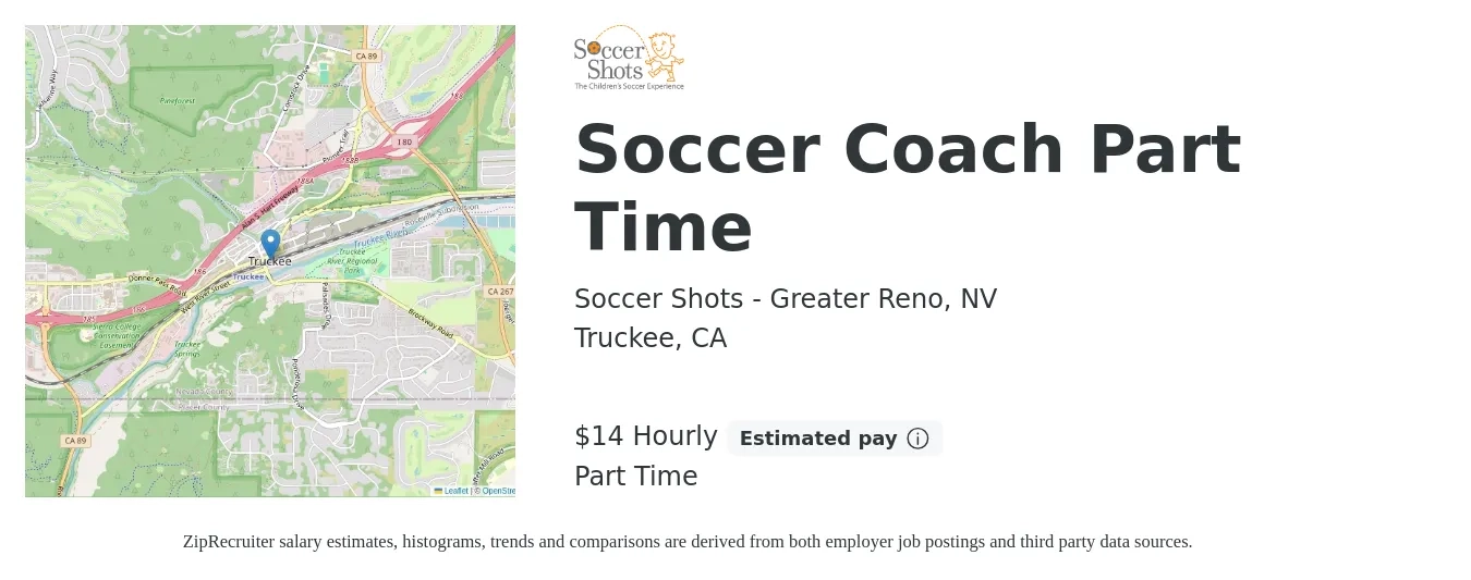 Soccer Shots - Greater Reno, NV job posting for a Soccer Coach Part Time in Truckee, CA with a salary of $15 Hourly with a map of Truckee location.