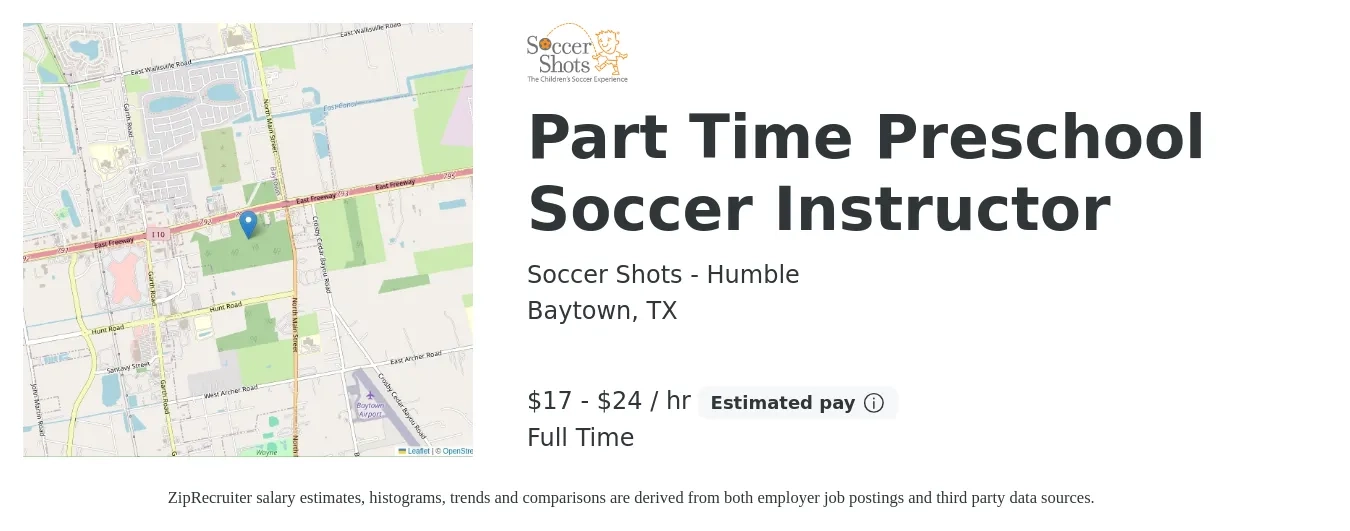 Soccer Shots - Humble job posting for a Part Time Preschool Soccer Instructor in Baytown, TX with a salary of $18 to $25 Hourly with a map of Baytown location.