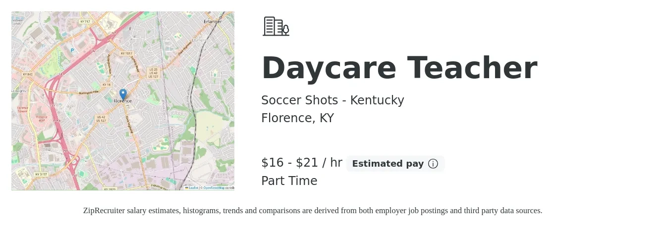 Soccer Shots - Kentucky job posting for a Daycare Teacher in Florence, KY with a salary of $17 to $22 Hourly with a map of Florence location.