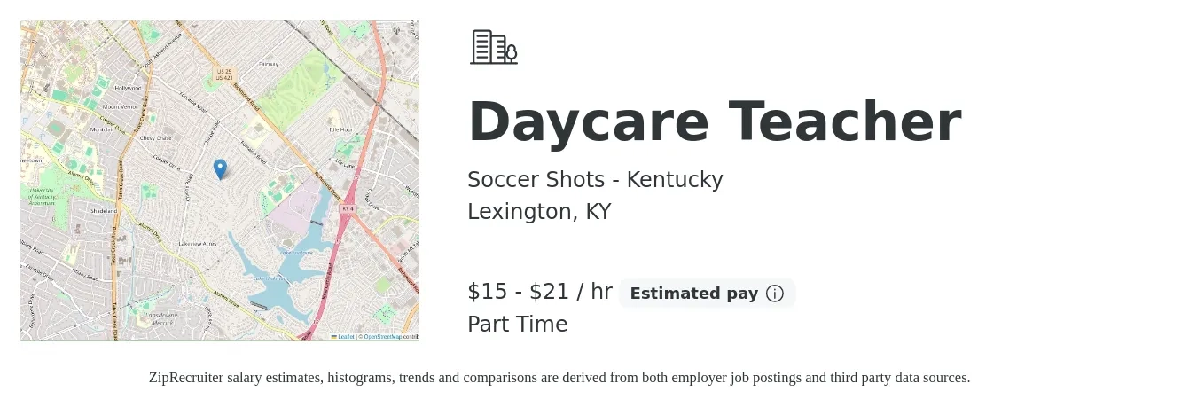 Soccer Shots - Kentucky job posting for a Daycare Teacher in Lexington, KY with a salary of $16 to $22 Hourly with a map of Lexington location.