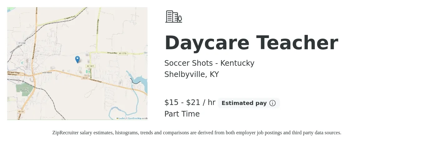 Soccer Shots - Kentucky job posting for a Daycare Teacher in Shelbyville, KY with a salary of $16 to $22 Hourly with a map of Shelbyville location.