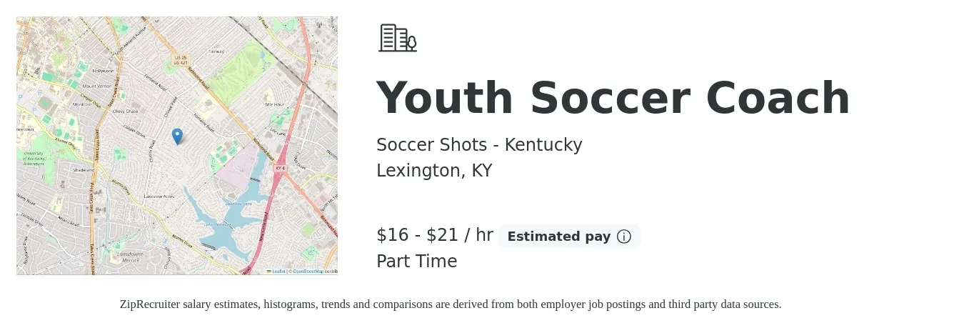 Soccer Shots - Kentucky job posting for a Youth Soccer Coach in Lexington, KY with a salary of $17 to $22 Hourly with a map of Lexington location.