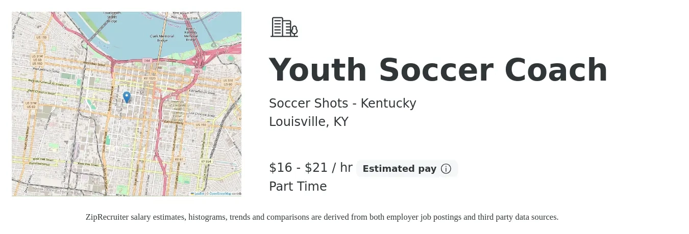 Soccer Shots - Kentucky job posting for a Youth Soccer Coach in Louisville, KY with a salary of $17 to $22 Hourly with a map of Louisville location.