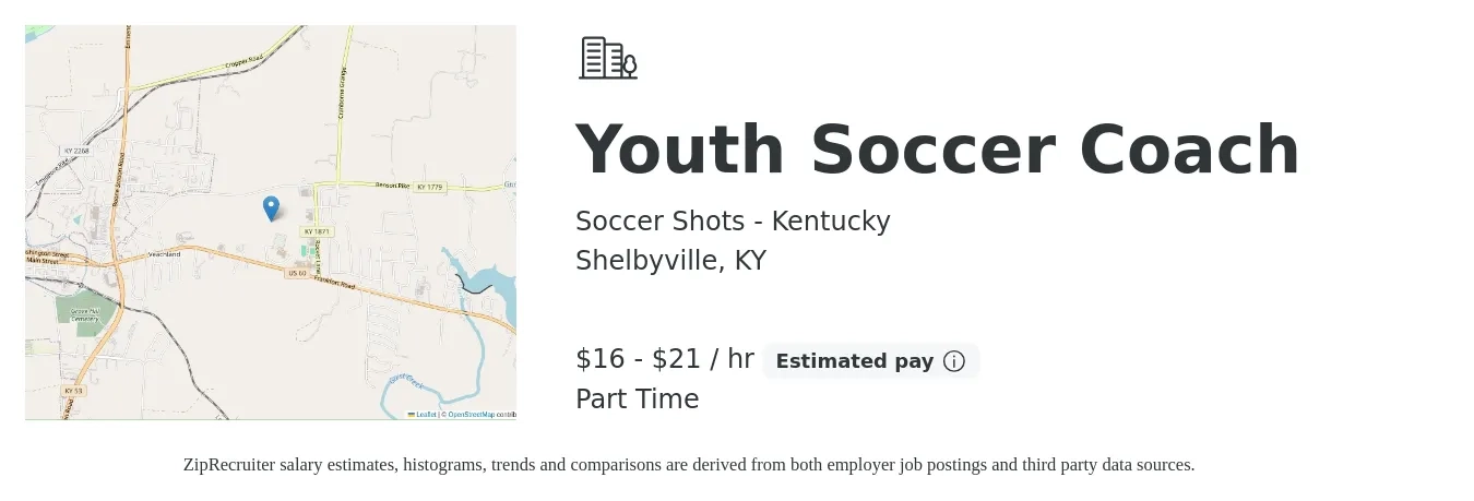 Soccer Shots - Kentucky job posting for a Youth Soccer Coach in Shelbyville, KY with a salary of $17 to $22 Hourly with a map of Shelbyville location.