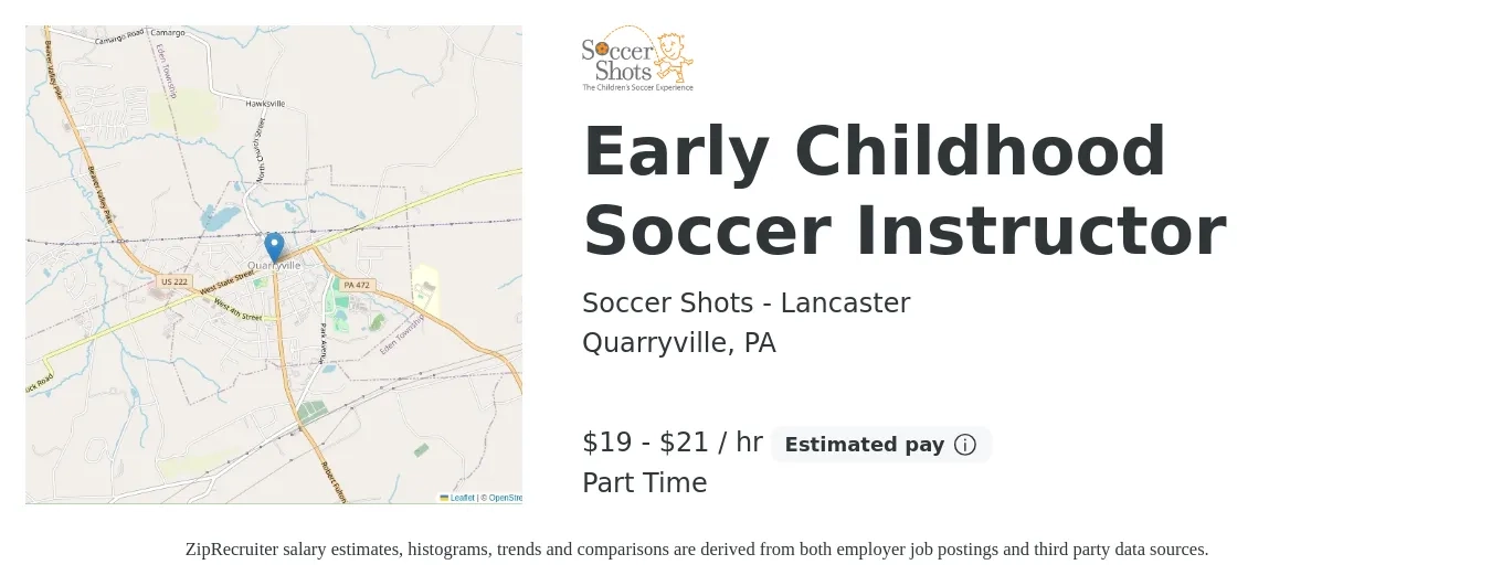 Soccer Shots - Lancaster job posting for a Early Childhood Soccer Instructor in Quarryville, PA with a salary of $20 to $22 Hourly with a map of Quarryville location.