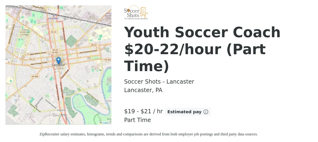 Soccer Shots - Lancaster job posting for a Youth Soccer Coach $20-22/hour (Part Time) in Lancaster, PA with a salary of $20 to $22 Hourly with a map of Lancaster location.