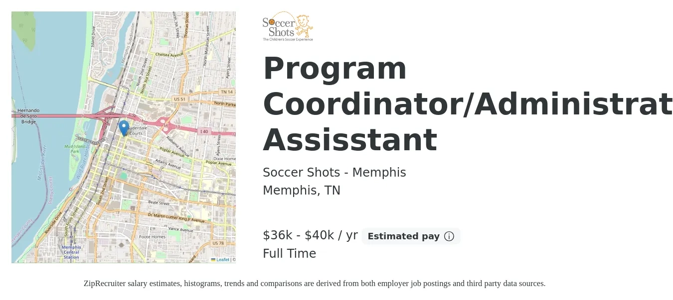 Soccer Shots - Memphis job posting for a Program Coordinator/Administrative Assisstant in Memphis, TN with a salary of $36,000 to $40,000 Yearly with a map of Memphis location.