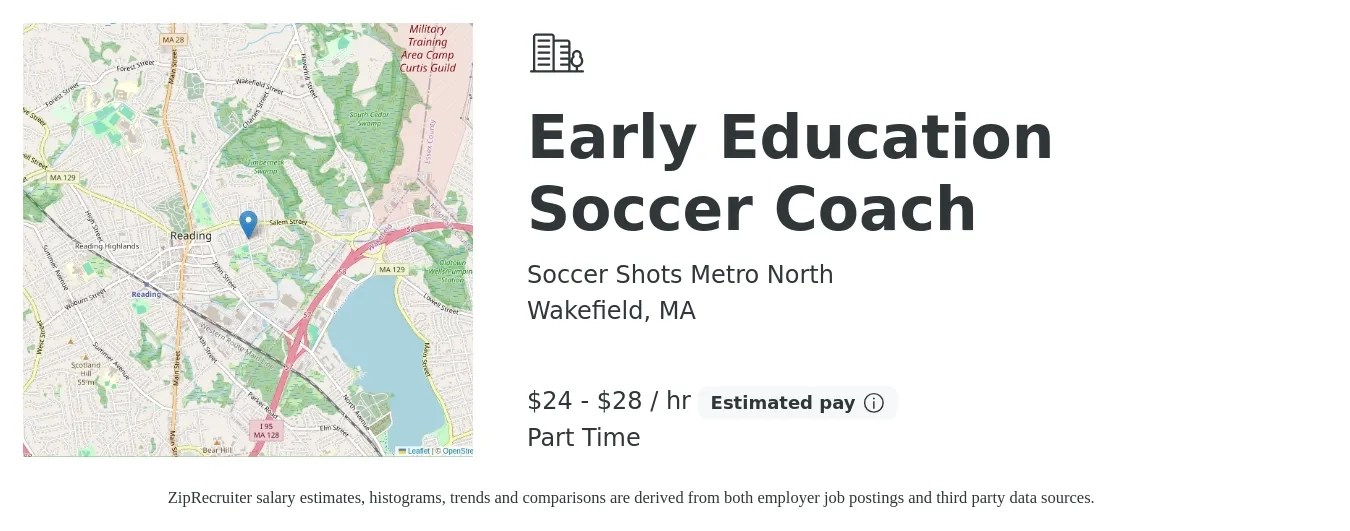 Soccer Shots Metro North job posting for a Early Education Soccer Coach in Wakefield, MA with a salary of $25 to $30 Hourly with a map of Wakefield location.