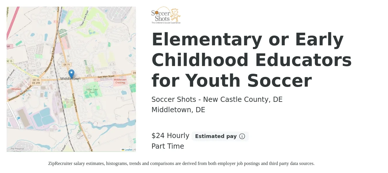 Soccer Shots job posting for a Elementary or Early Childhood Educators for Youth Soccer in Middletown, DE with a salary of $25 Hourly with a map of Middletown location.
