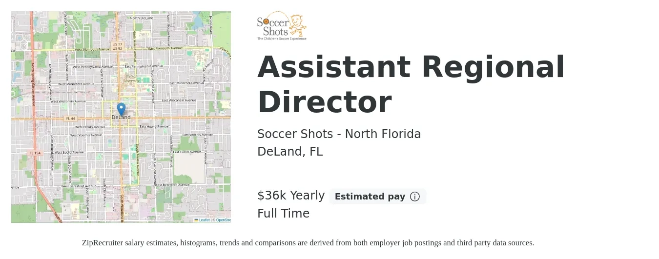 Soccer Shots - North Florida job posting for a Assistant Regional Director in DeLand, FL with a salary of $36,000 Yearly with a map of DeLand location.