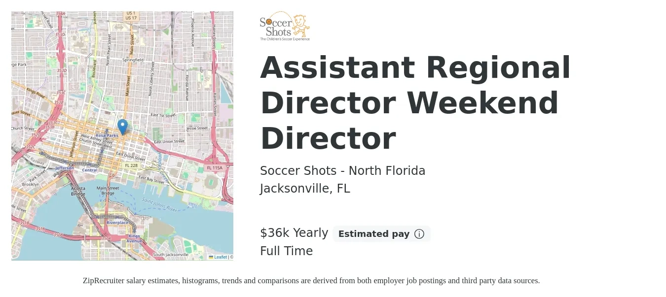 Soccer Shots - North Florida job posting for a Assistant Regional Director Weekend Director in Jacksonville, FL with a salary of $36,000 Yearly with a map of Jacksonville location.