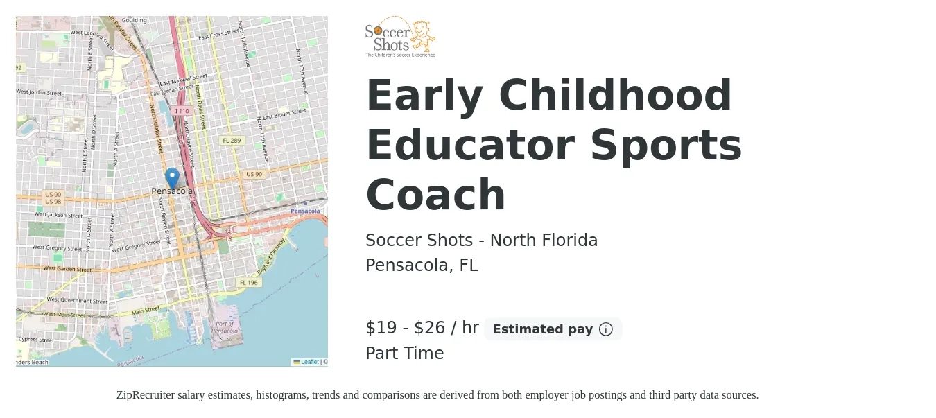 Soccer Shots - North Florida job posting for a Early Childhood Educator Sports Coach in Pensacola, FL with a salary of $20 to $28 Hourly with a map of Pensacola location.