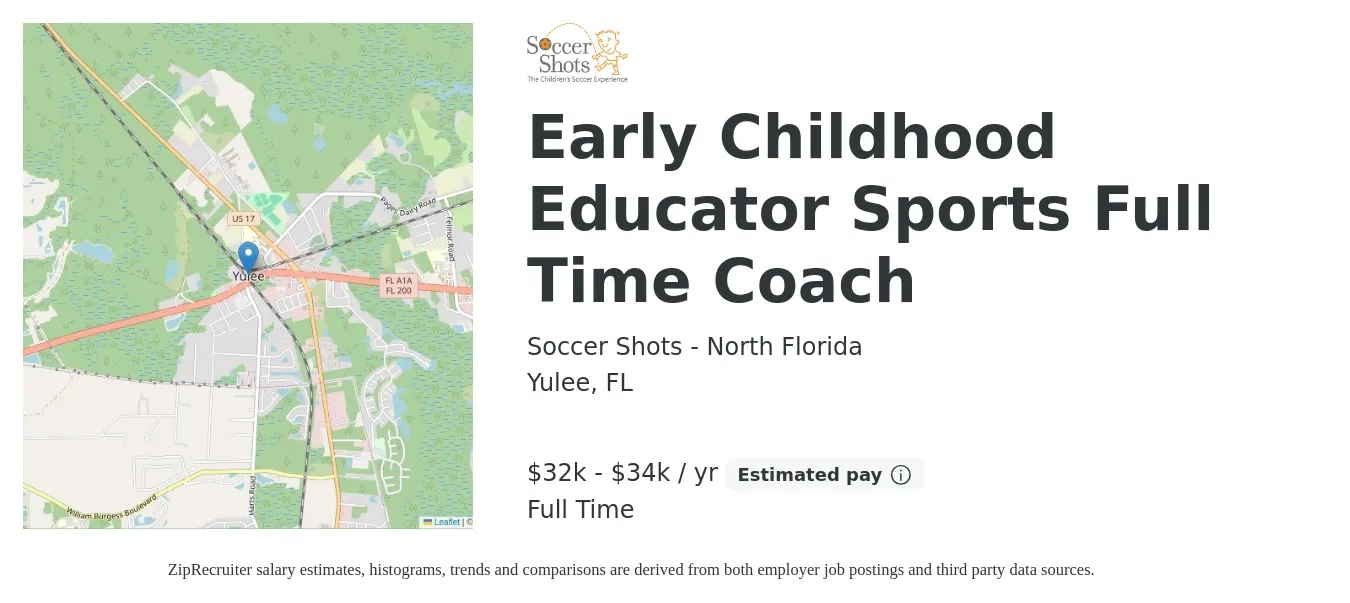Soccer Shots - North Florida job posting for a Early Childhood Educator Sports Full Time Coach in Yulee, FL with a salary of $32,000 to $34,000 Yearly with a map of Yulee location.