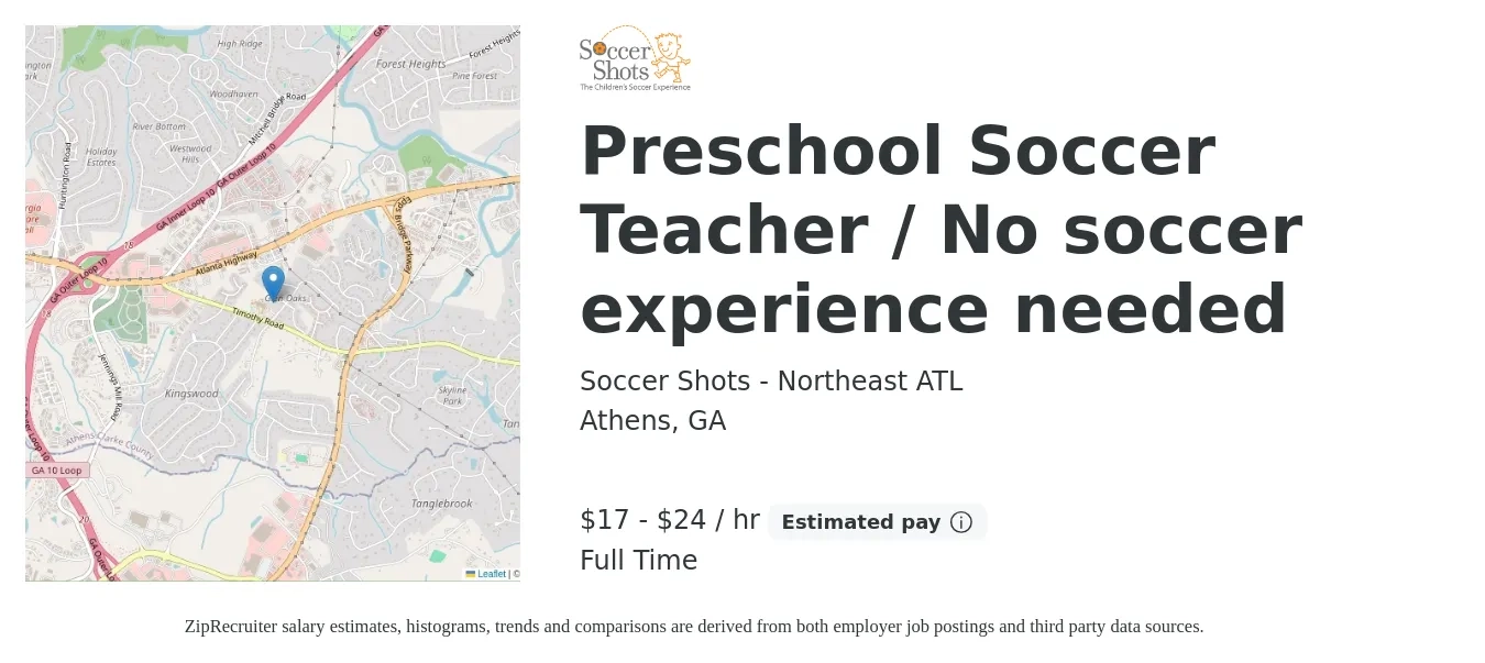 Soccer Shots job posting for a Preschool Soccer Teacher / No soccer experience needed in Athens, GA with a salary of $18 to $25 Hourly with a map of Athens location.