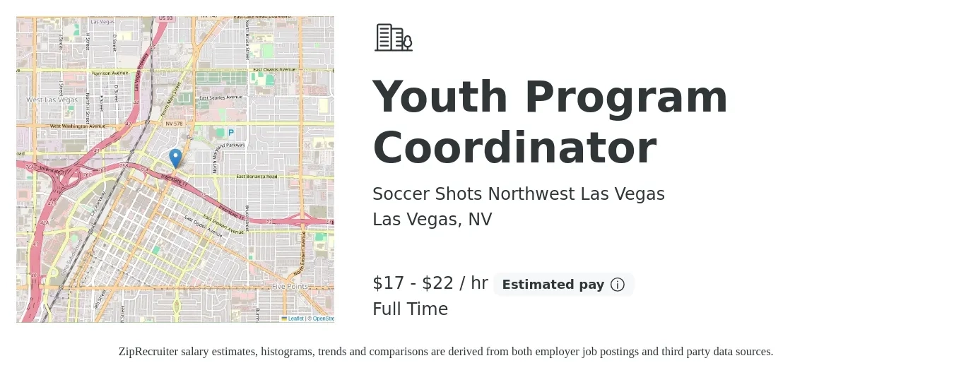 Soccer Shots Northwest Las Vegas job posting for a Youth Program Coordinator in Las Vegas, NV with a salary of $18 to $23 Hourly with a map of Las Vegas location.