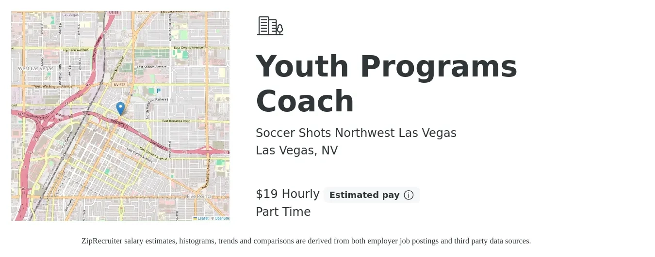Soccer Shots Northwest Las Vegas job posting for a Youth Programs Coach in Las Vegas, NV with a salary of $20 Hourly with a map of Las Vegas location.
