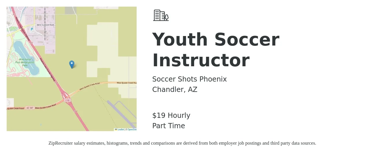 Soccer Shots Phoenix job posting for a Youth Soccer Instructor in Chandler, AZ with a salary of $20 Hourly with a map of Chandler location.