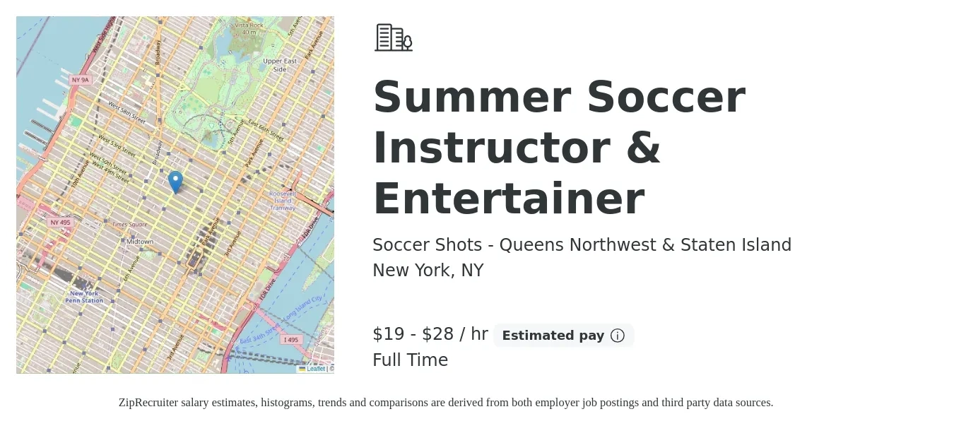 Soccer Shots - Queens Northwest & Staten Island job posting for a Summer Soccer Instructor & Entertainer in New York, NY with a salary of $20 to $30 Hourly with a map of New York location.